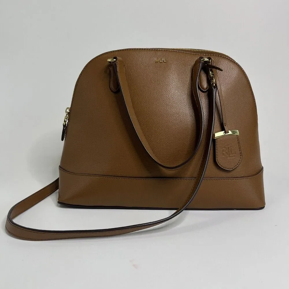Ralph Lauren RLL Brown Leather Dome Satchel Bag Handbag Purse Classic - Picture 1 of 11